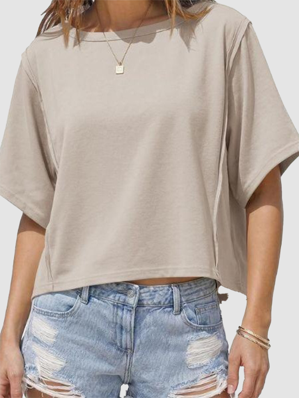 Women's Oversized Crew Neck Cropped Short Sleeve T-Shirt