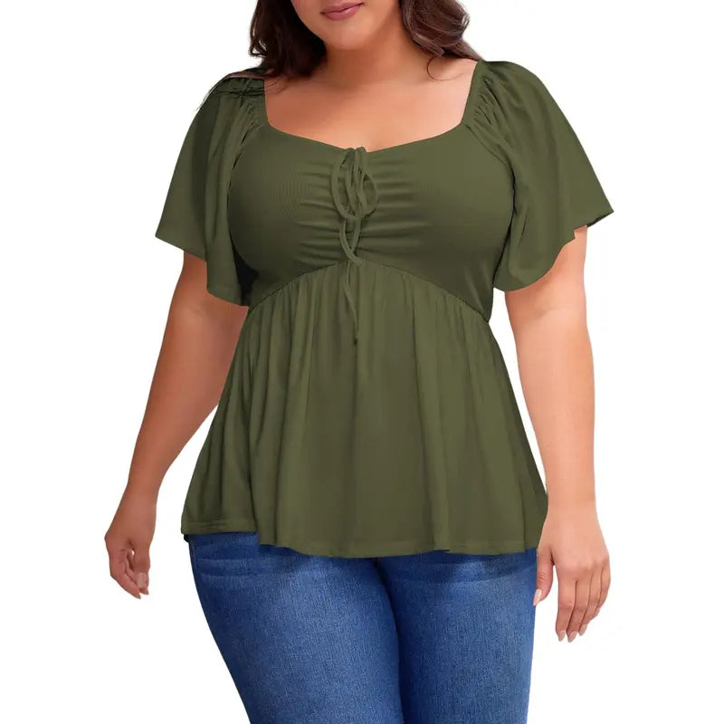 Women's Heart-Shaped Neck Short-Sleeved Ruffle Top