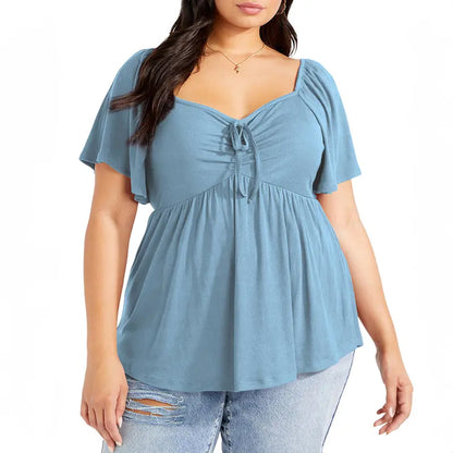 Women's Heart-Shaped Neck Short-Sleeved Ruffle Top