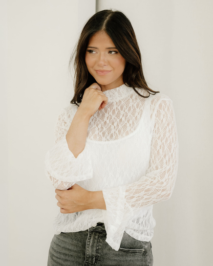 Amara Sheer Lace Bell Sleeve Mock Neck Blouse