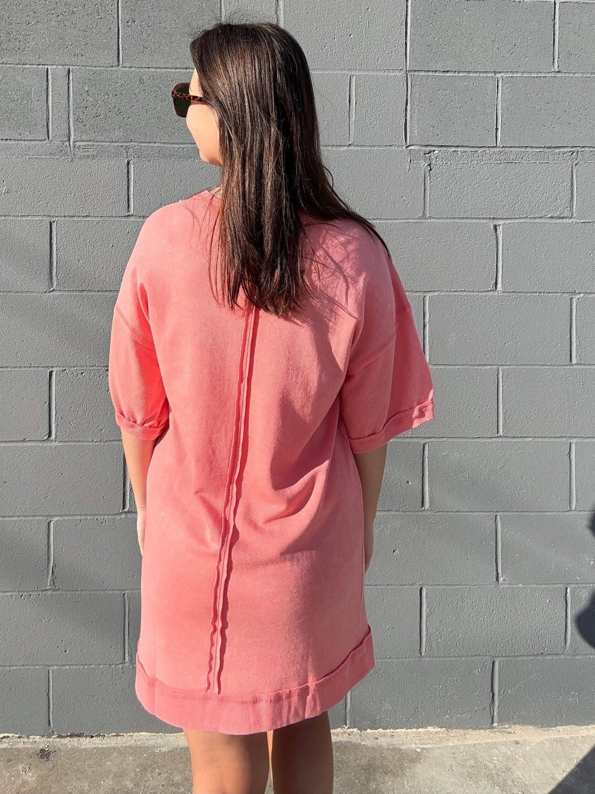 Washed Cotton Crew Neck Casual Mini Dress