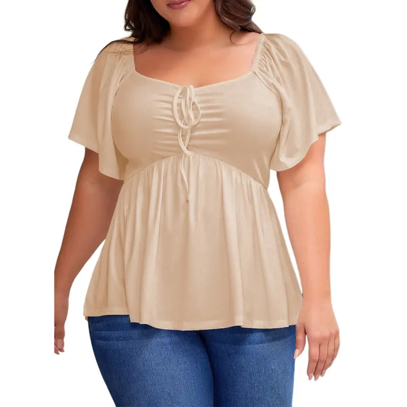Women's Heart-Shaped Neck Short-Sleeved Ruffle Top
