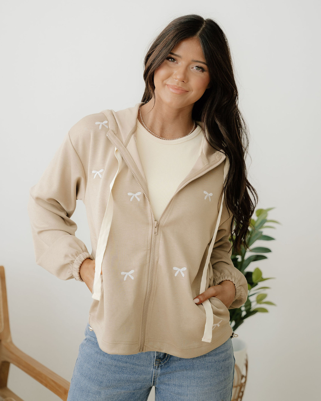 Brielle Bow Embroidered Zip Up Hoodie