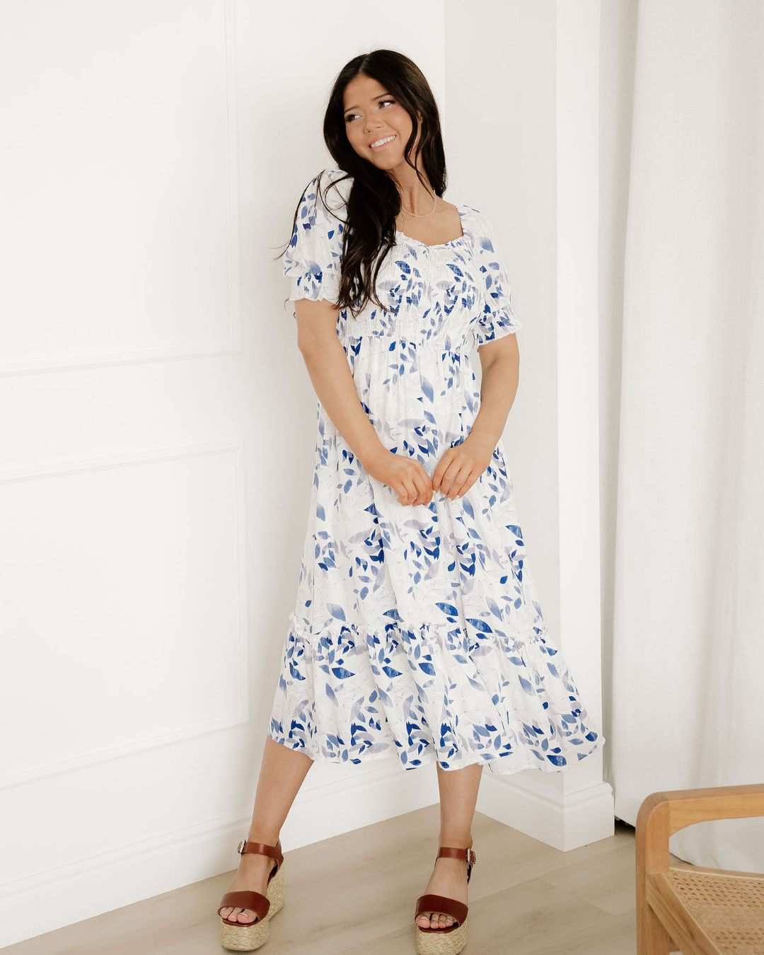 Faith Smocked Bodice Short Puff Sleeve Tiered Floral Midi Dress
