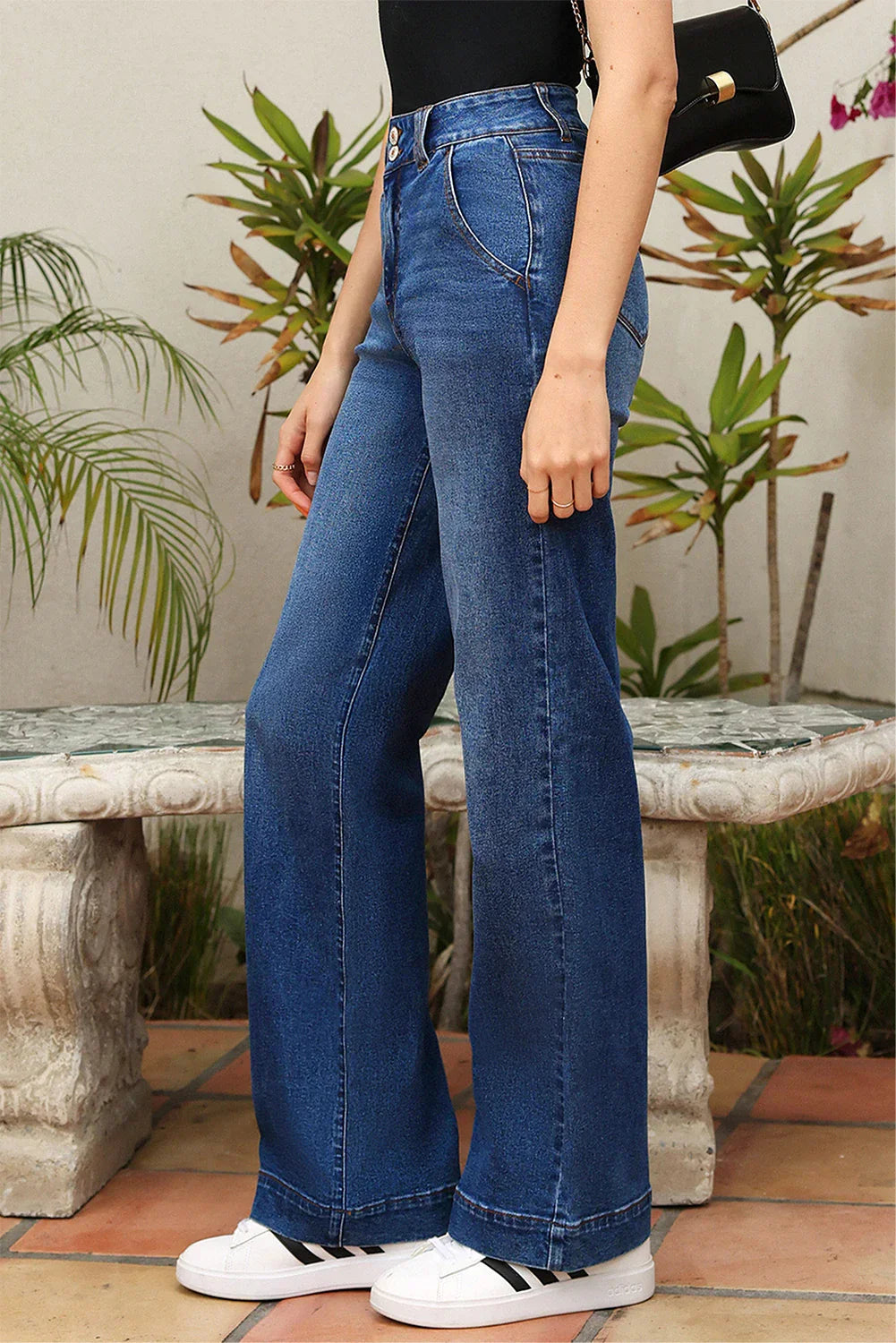 Ashleigh - Blue Double Button Zip Fly Straight Leg Jeans
