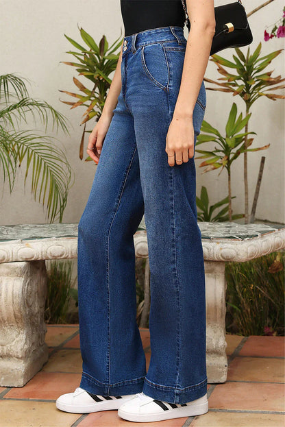 Ashleigh - Blue Double Button Zip Fly Straight Leg Jeans