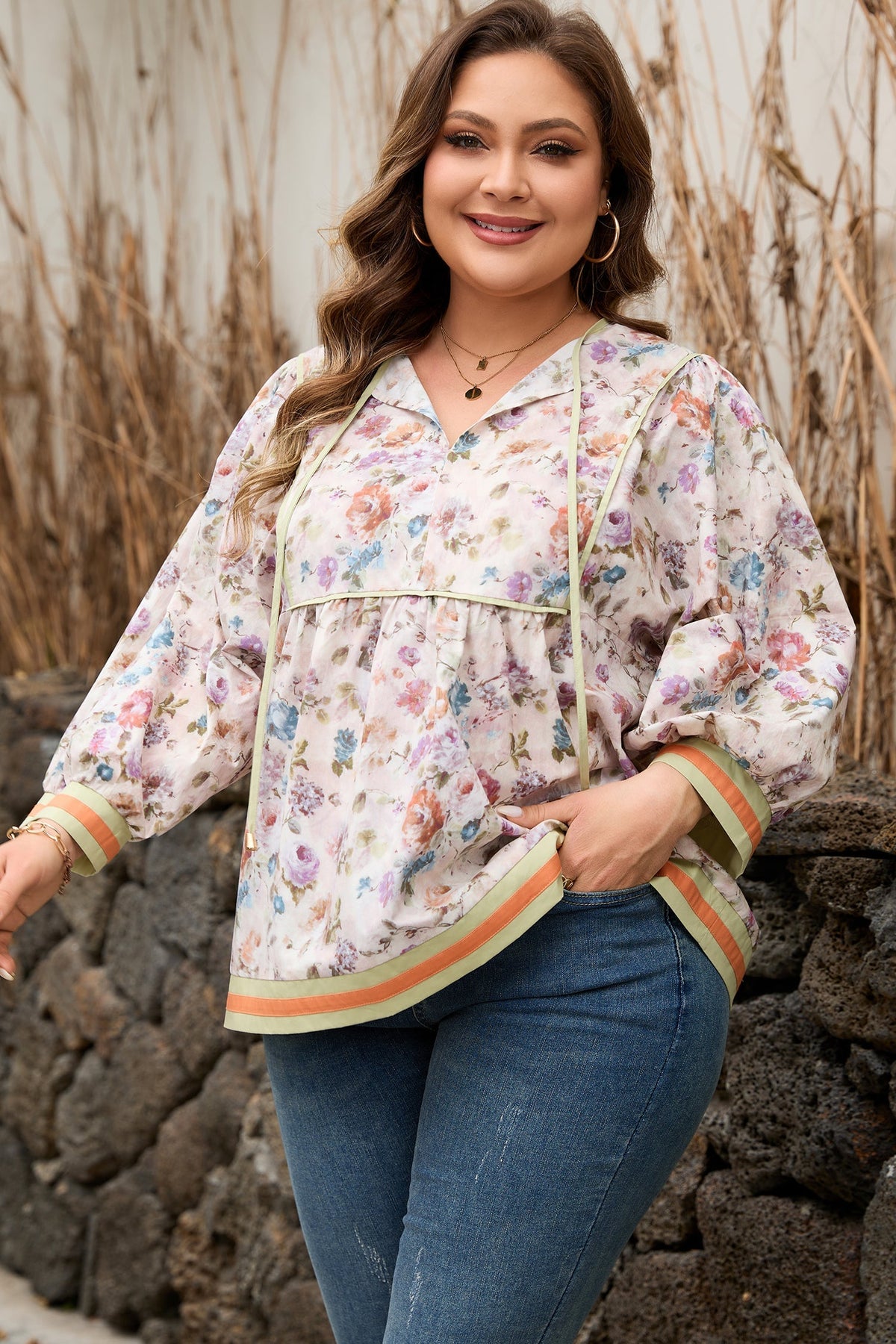 Threaded Pear Andi Striped Detail Babydoll PLUS Blouse