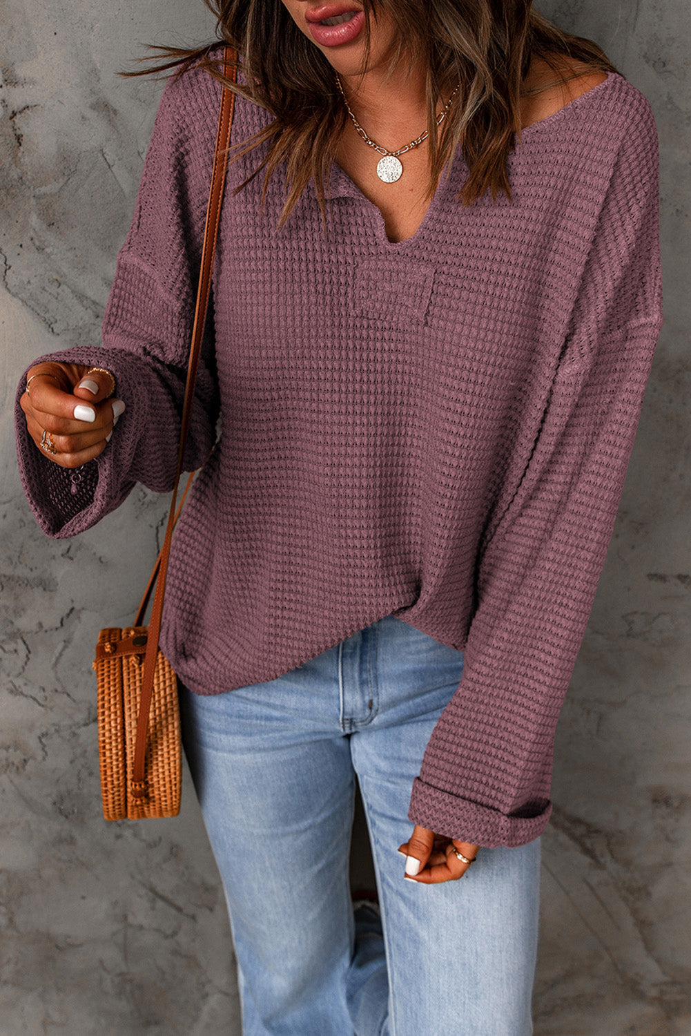 Threaded Pear Evelyn Waffle Knit Loose Long Sleeve Top