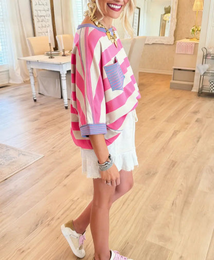 Women's T-shirts Striped Drop Shoulder Pocket T-shirt