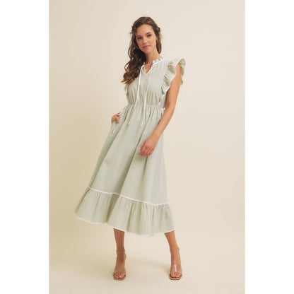 Annie- Cotton Gauze Midi Dress With Ruffles and Contrast Binding