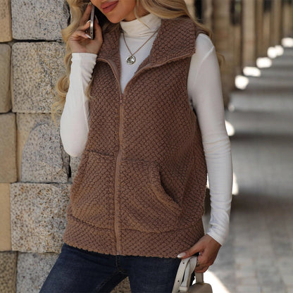 Women’s Double-Sided Fleece Zipper Vest | Loose Fit Plush Cardigan Gilet with Pockets | Cozy Winter Sleeveless Jacket | Elegant Commuter Fleece Waistcoat