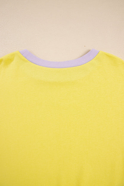 Threaded Pear Yellow Striped Color Block Patchwork Crewneck Plus Size Pullover Sweatshirt