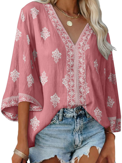Women's Boho Embroidered V-Neck 3/4 Sleeve Blouse