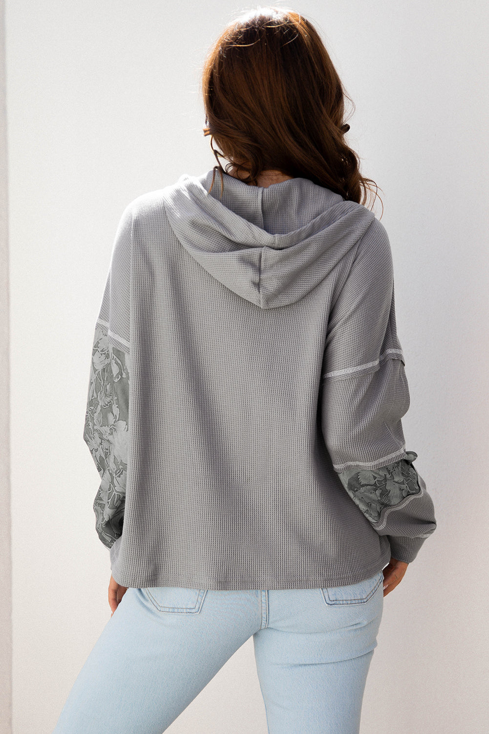 Threaded Pear Taytum Patchwork Drawstring Hooded Long Sleeve Top