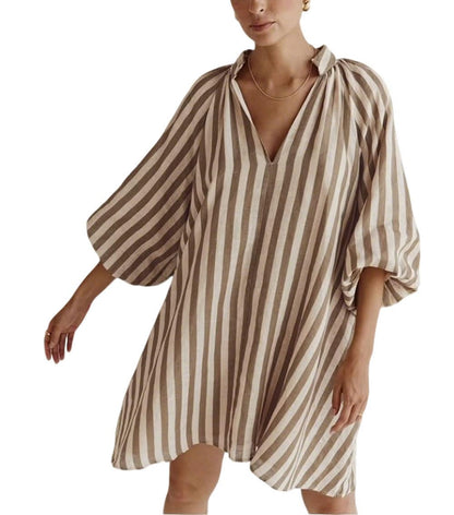Women Mini Dress Summer Striped Beach Vacation 3/4 Sleeve Boho Chic Dress