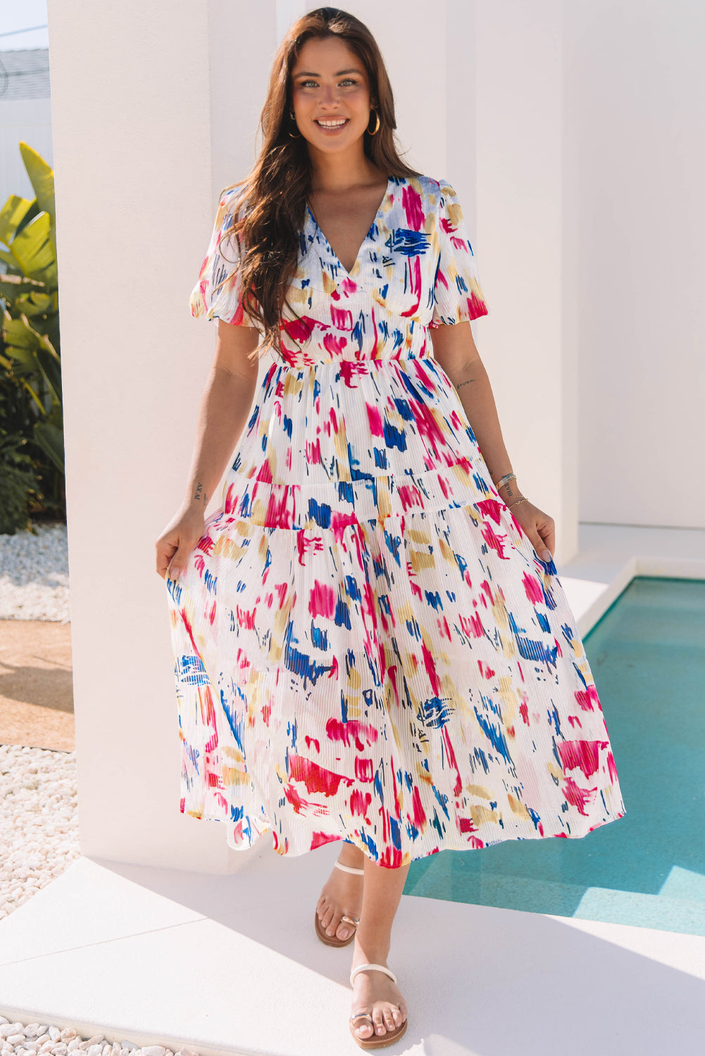 Threaded Pear Nyomi Short Puff Sleeve Tiered Maxi Dress