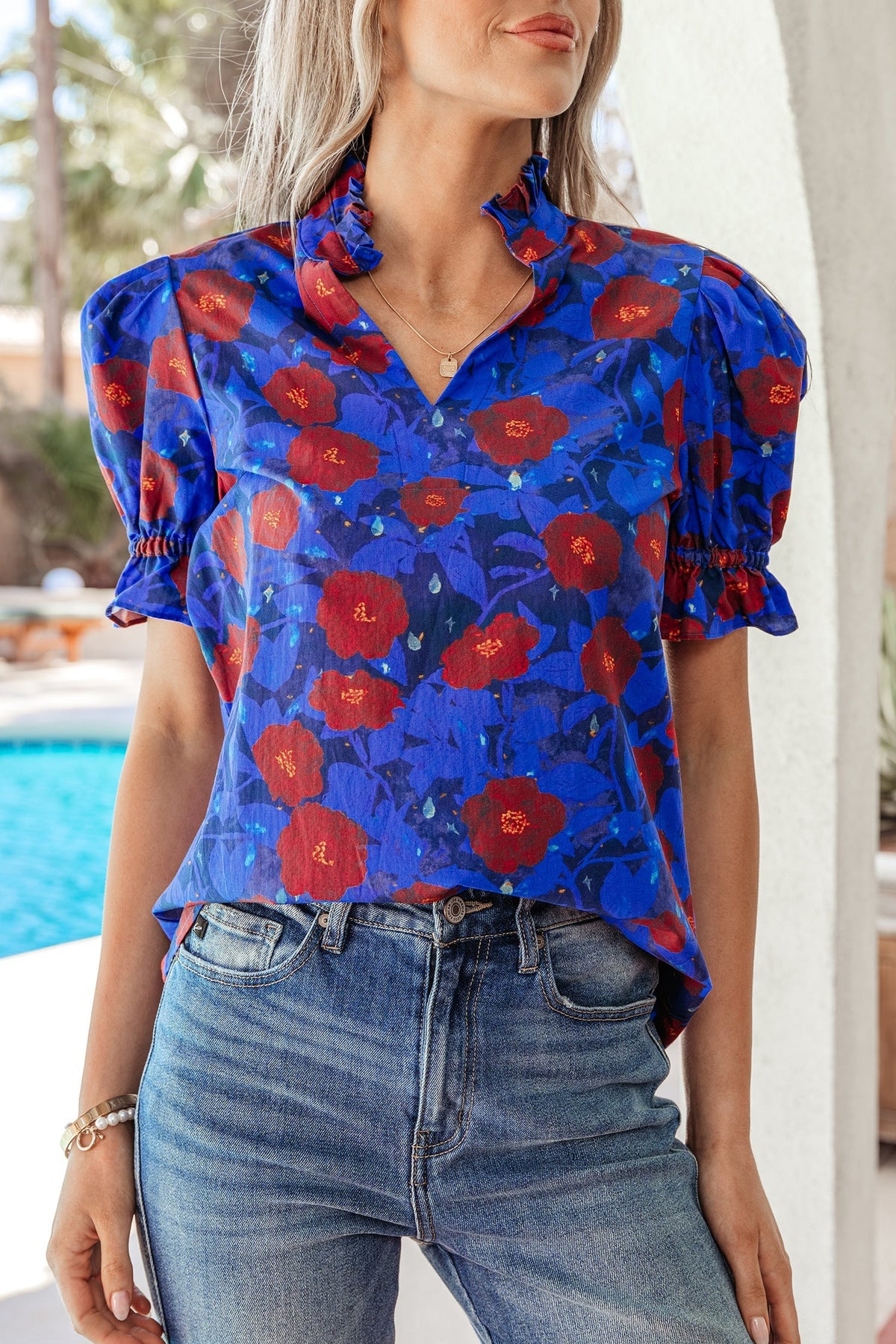 Threaded Pear Maeve Sleeve Frilled Floral Blouse