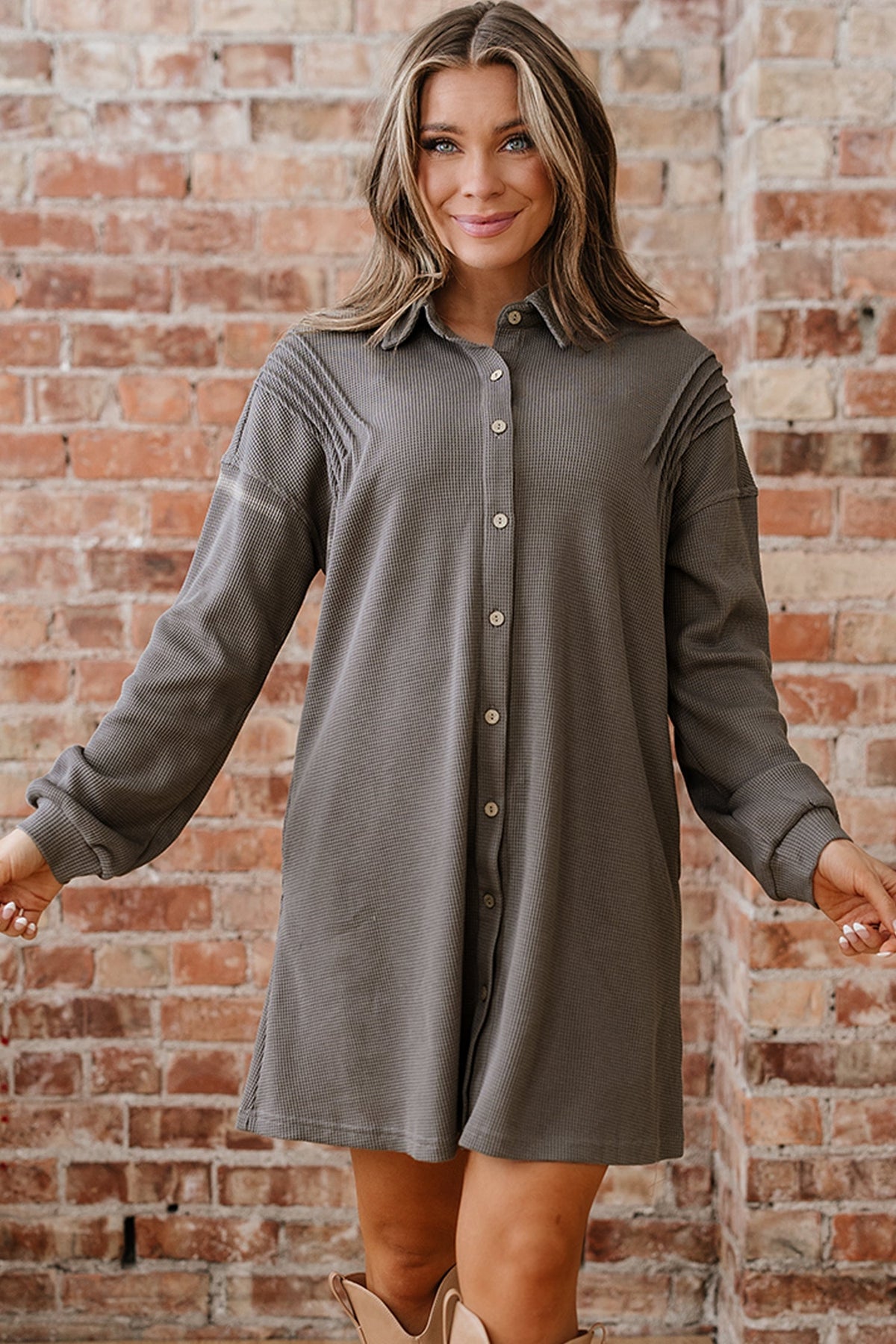 Threaded Pear Viviana Taupe Waffle Knit Shirt