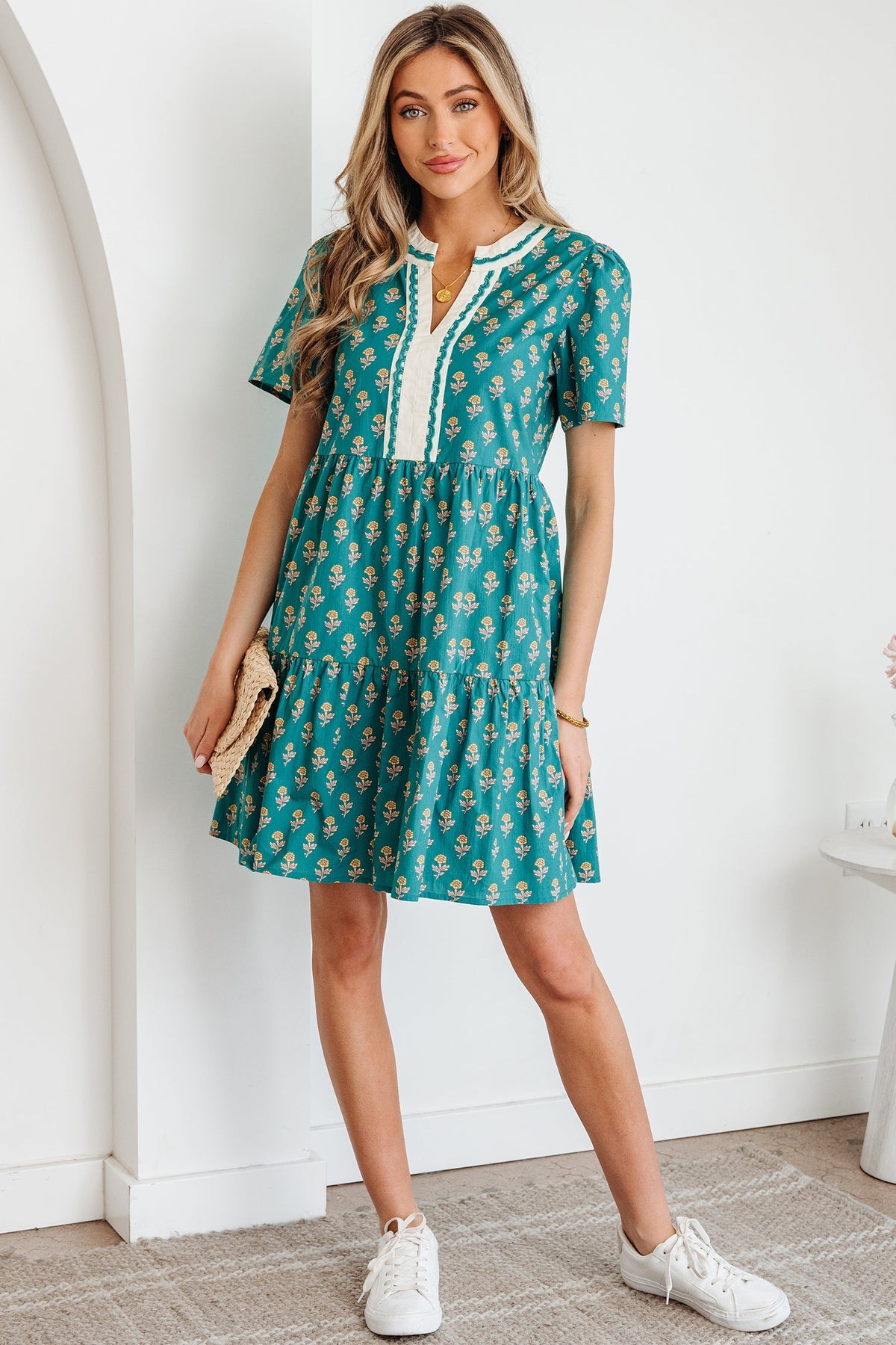 Threaded Pear Clover Short Sleeve Floral Dress