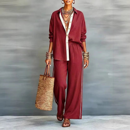 Contrast-Color Long-Sleeve Shirt & Pants Set – Two-Piece