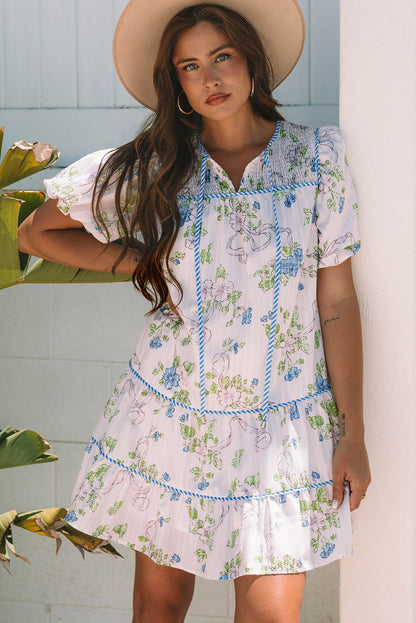 Threaded Pear Celina Floral Striped Trim Tie Split Neck Mini Dress