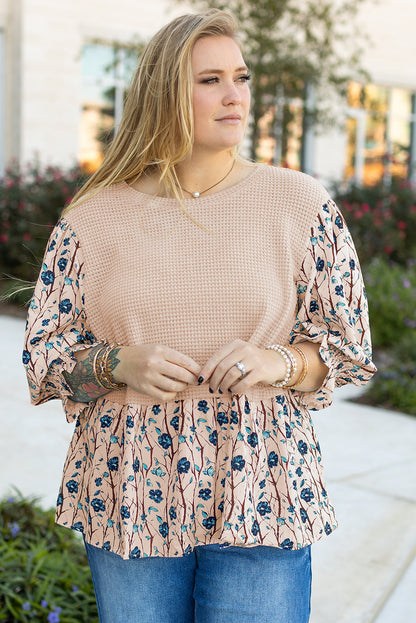 Threaded Pear Beige Faux Two Piece Knit Patchwork Floral Print Plus Size Top