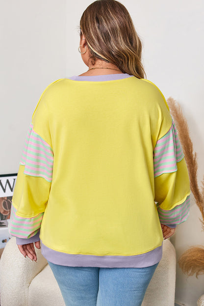Threaded Pear Yellow Striped Color Block Patchwork Crewneck Plus Size Pullover Sweatshirt