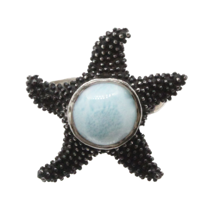 Marahlago Starfish Larimar Stone Oxidized Silver Ring Size 8
