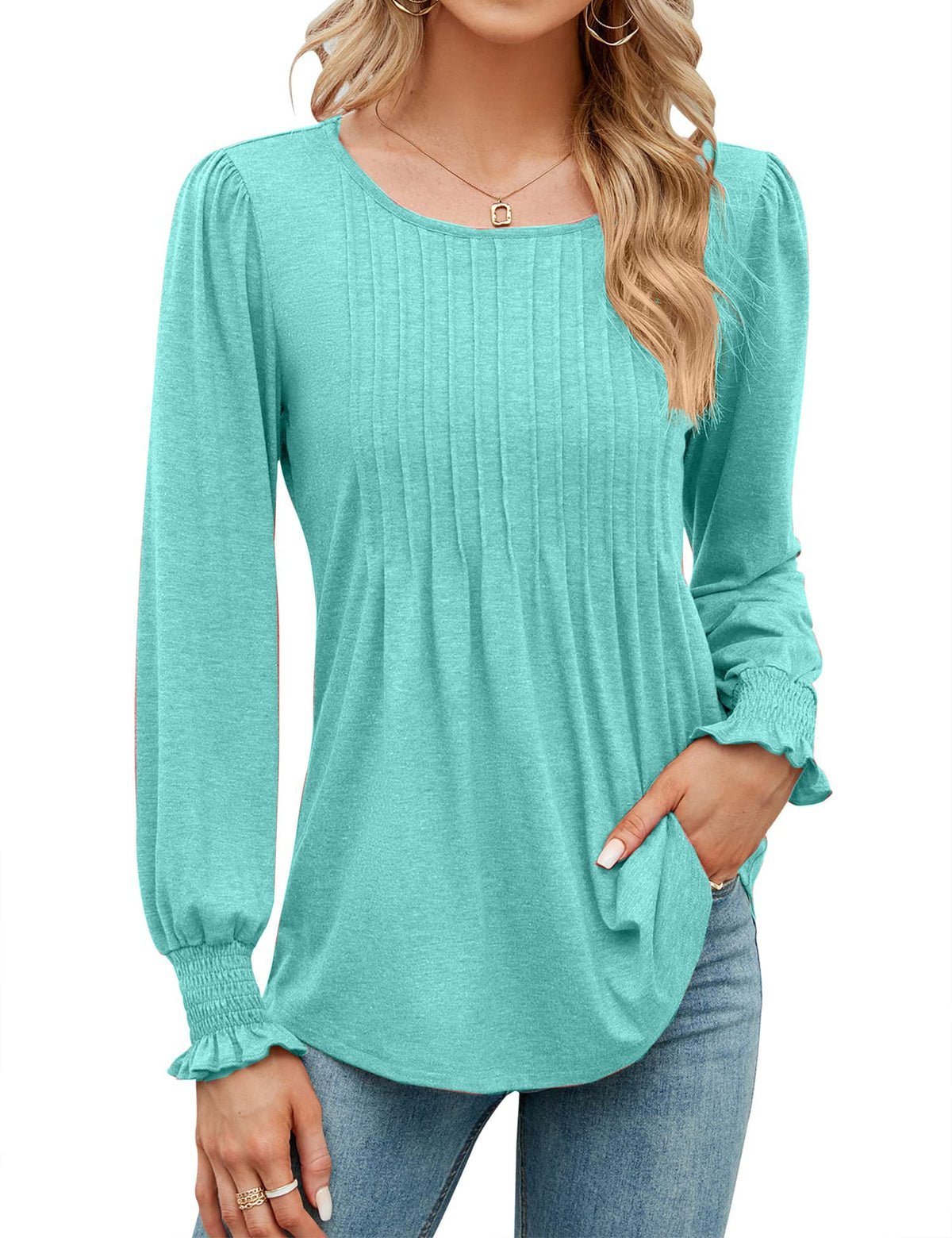 ✨Fall New Women's Pleated Puff Long Sleeve Tunic Tops