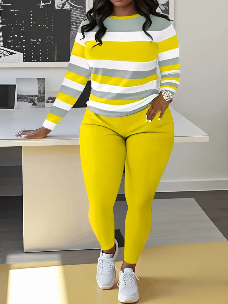 Women's Casual Striped Crew Neck Sweater & Solid Color Pants Set