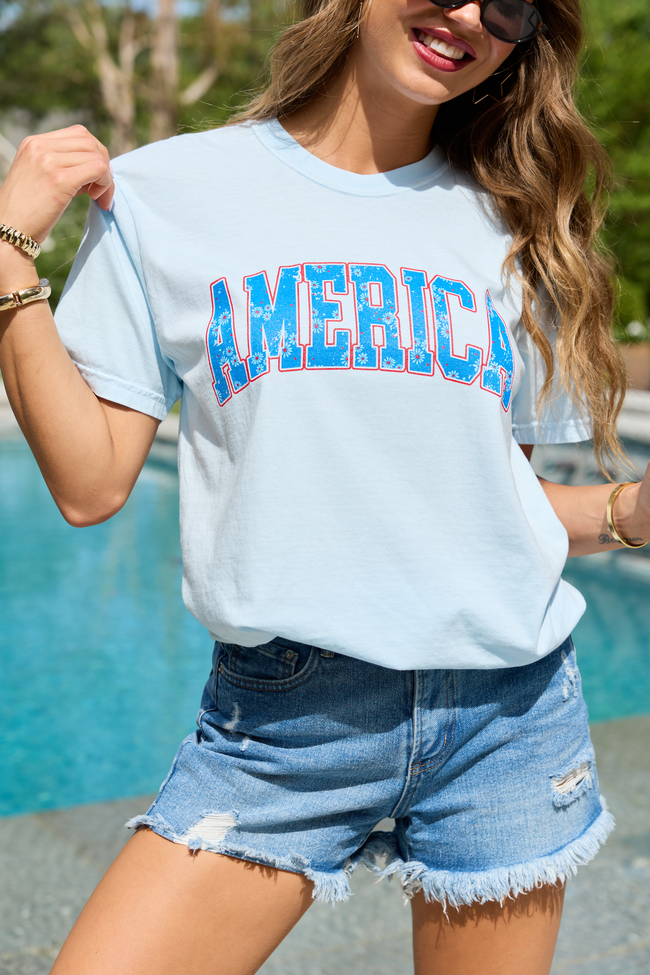 America Floral Light Blue Graphic Tee