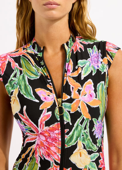 Hothouse Flowers Zip Front One Piece Swimsuit