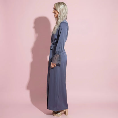 Anna-Kaci Lounge Women's Satin Wrap Robe Dress with Long Sleeves Lace Cuff Detail and Adjustable Tie Waist in Flowy Maxi Silhouette