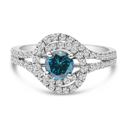 14K White Gold 1-1/3 Cttw White & Blue Diamond Interweaving Double Halo Cocktail Statement Ring (G-H and Fancy Blue Color, SI2-I1 Clarity)