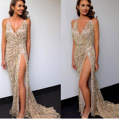 V-Neck Halter Strap Sequin Dress | Elegant Shimmering Backless Evening Gown | Luxury Sparkly Party Dress for Women | Trendy Bodycon Sequin Cocktail Dress | 2026 High-Fashion Glamour Nightwear