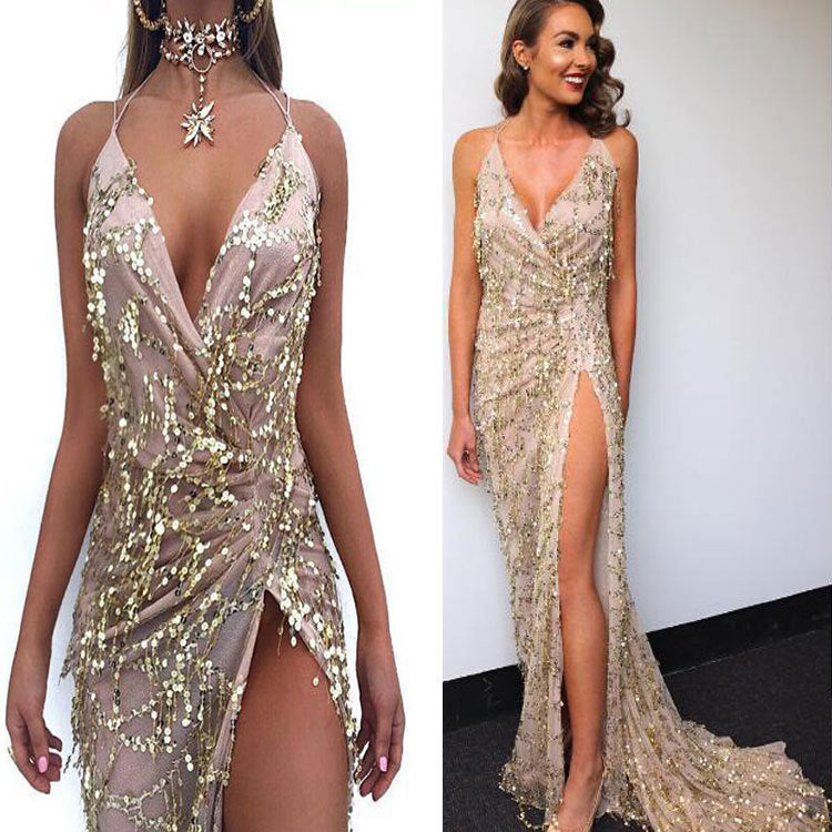 V-Neck Halter Strap Sequin Dress | Elegant Shimmering Backless Evening Gown | Luxury Sparkly Party Dress for Women | Trendy Bodycon Sequin Cocktail Dress | 2026 High-Fashion Glamour Nightwear