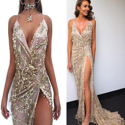 V-Neck Halter Strap Sequin Dress | Elegant Shimmering Backless Evening Gown | Luxury Sparkly Party Dress for Women | Trendy Bodycon Sequin Cocktail Dress | 2026 High-Fashion Glamour Nightwear