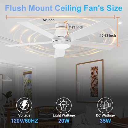 52 Inch White Ceiling Fan With Dimmable LED Lights by ShipItFurniture
