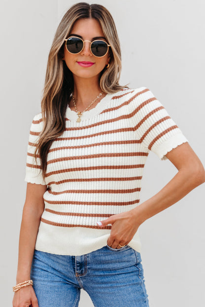 Threaded Pear Eloise Stripe Scalloped Round Neck Short Sleeve Sweater