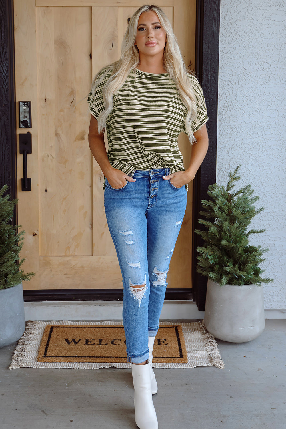 Threaded Pear Abby Stripe Textured Side Slits Top