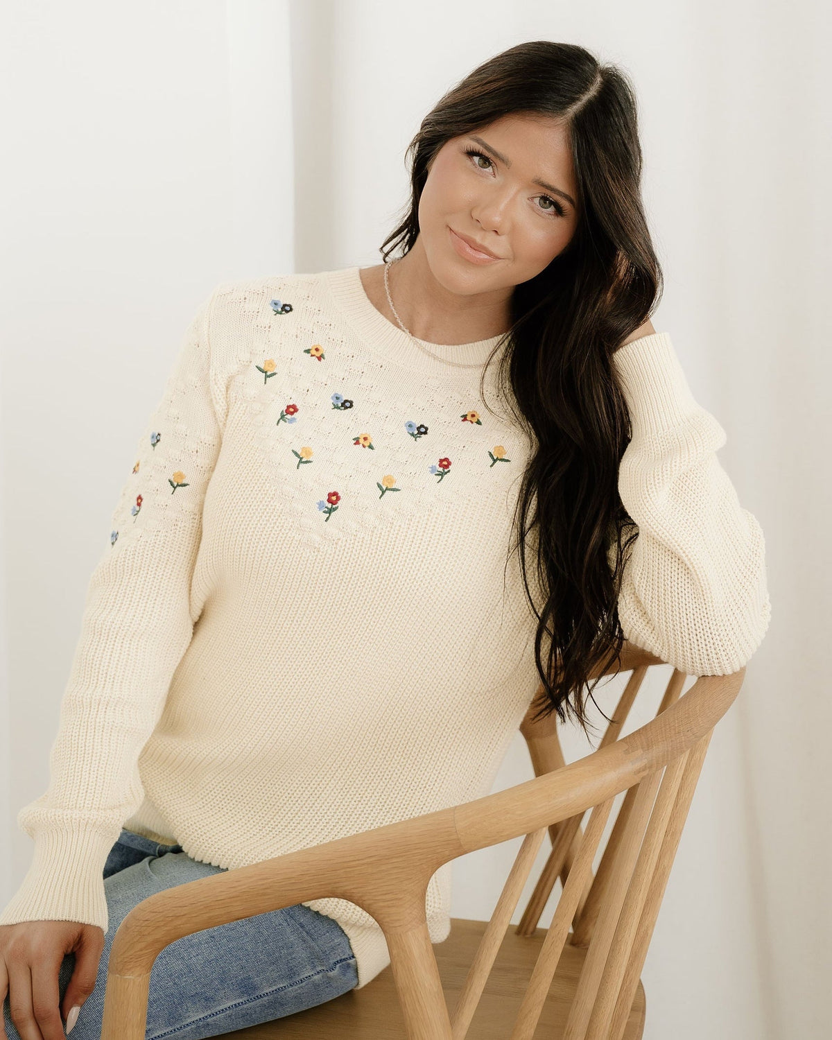 Gemma Mixed Texture Knit Flower Embroidered Detail Casual Sweater