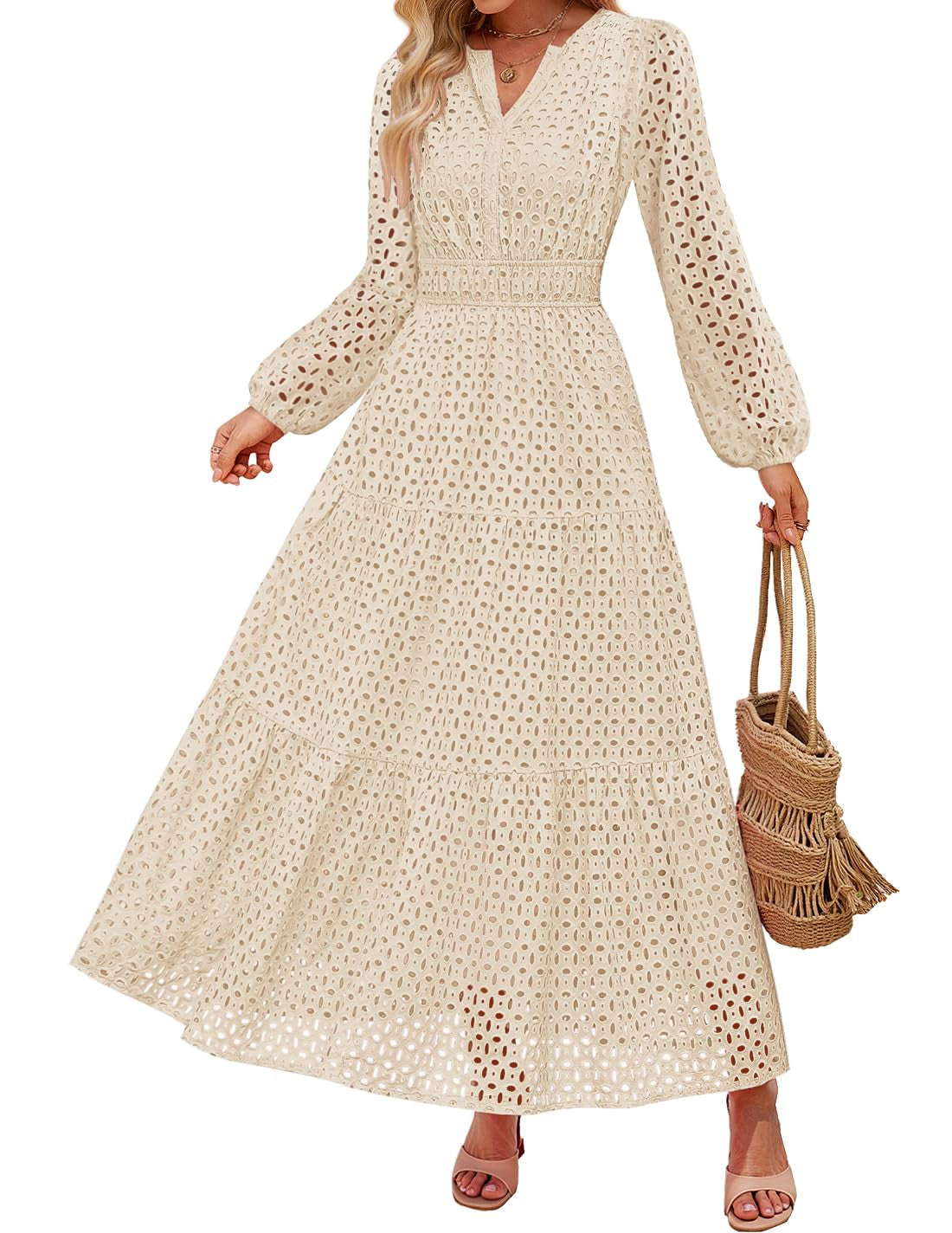 Women's 2026 V Neck Hollow Out Eyelet A Line Long Flowy Dresses