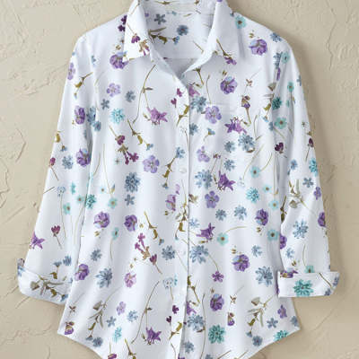 Women’s Simple Floral Print Long-Sleeve Shirt | Elegant Minimalist Floral Blouse | Casual Button-Down Nature-Inspired Top | Sophisticated "High-Sense" Floral Shirt for Women | 2026 Spring Collection