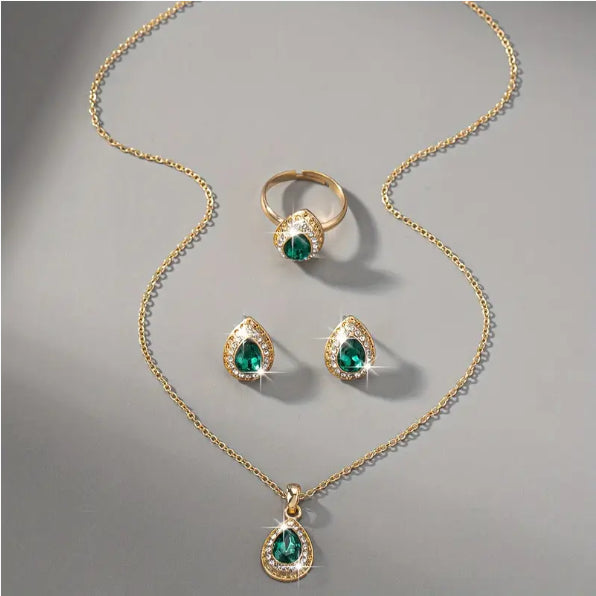 Luxury Water-Drop Gemstone 4-Piece Jewelry Set | Elegant Teardrop Necklace, Earrings, Bracelet & Ring Suite | Royal Blue/Clear Crystal Wedding Jewelry Set | Women's Formal Banquet Accessories