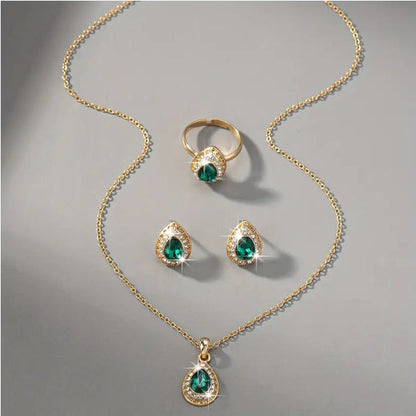 Luxury Water-Drop Gemstone 4-Piece Jewelry Set | Elegant Teardrop Necklace, Earrings, Bracelet & Ring Suite | Royal Blue/Clear Crystal Wedding Jewelry Set | Women's Formal Banquet Accessories