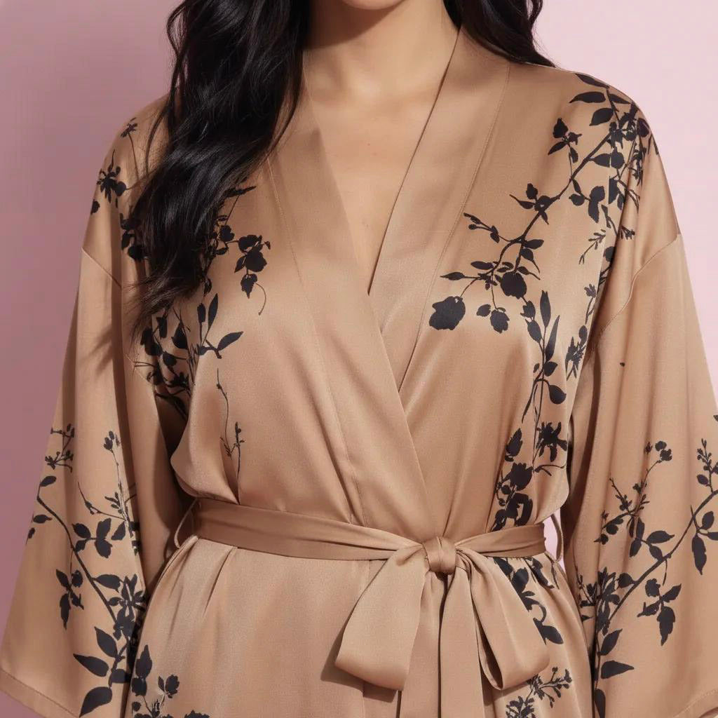 Anna-Kaci Women's Long Satin Kimono Robe with Tie Waist and Artistic Floral Print
