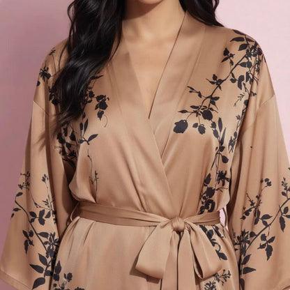 Anna-Kaci Women's Long Satin Kimono Robe with Tie Waist and Artistic Floral Print