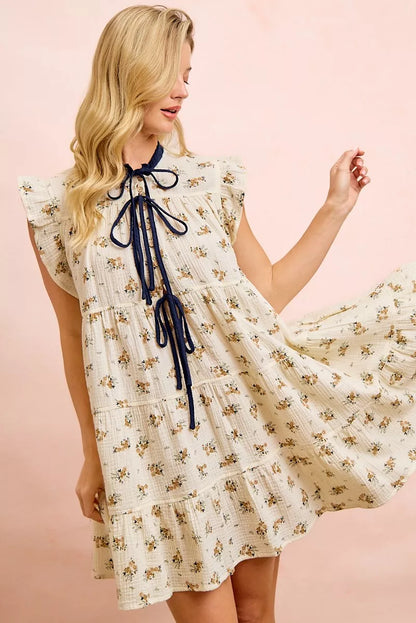 BiBi Floral Multi-tierd Dress With Ruffles And Front Tie