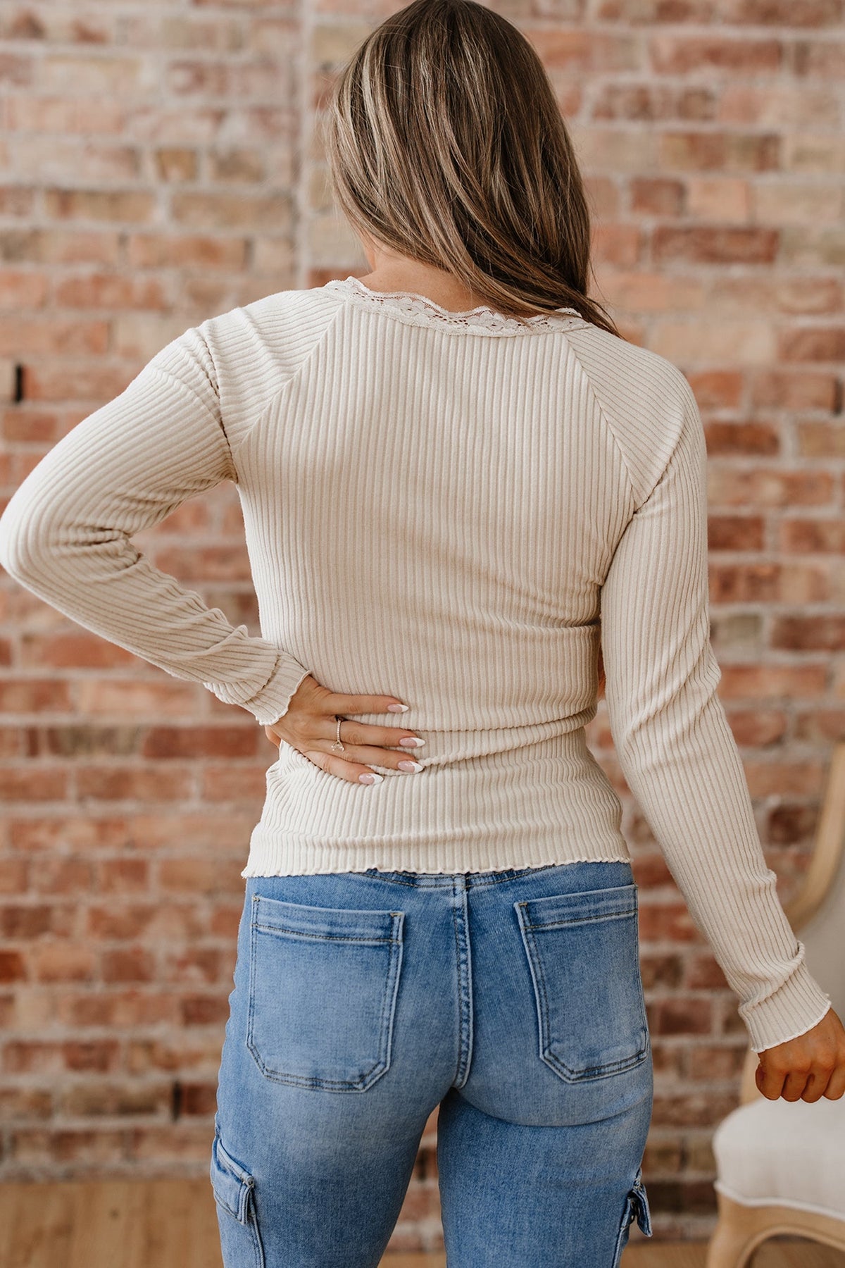 Threaded Pear Pearl Sleeve Ribbed top Long Sleeve Top