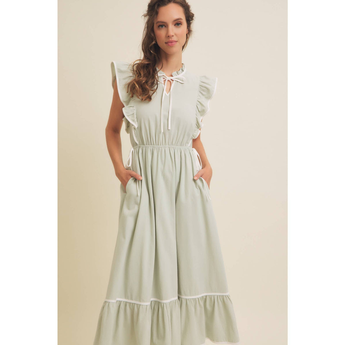 Annie- Cotton Gauze Midi Dress With Ruffles and Contrast Binding